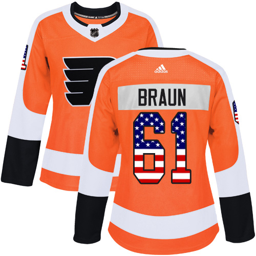 Adidas Flyers #61 Justin Braun Orange Home Authentic USA Flag Women's Stitched NHL Jersey